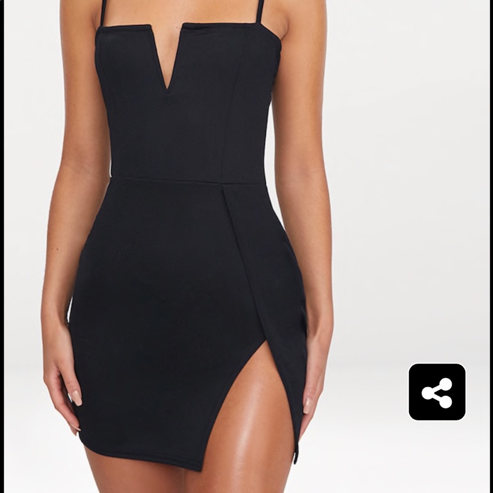 Pretty Little Thing black plunge thigh slit dress